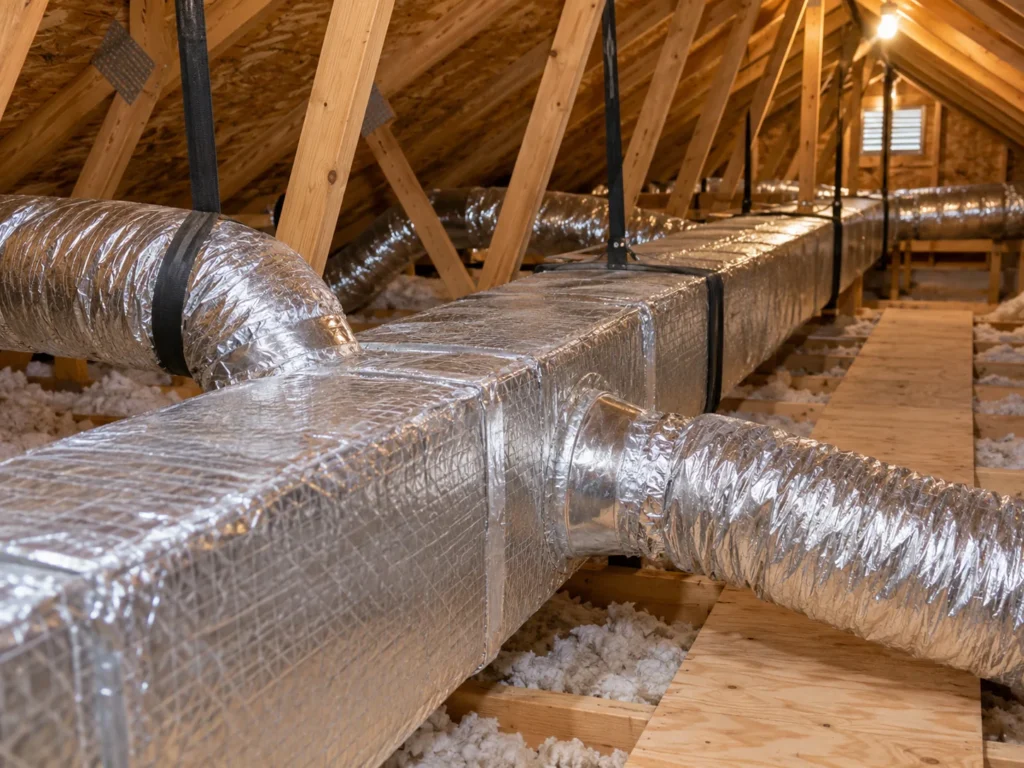Insulated supply trunk and flexible duct takeoffs in a residential attic