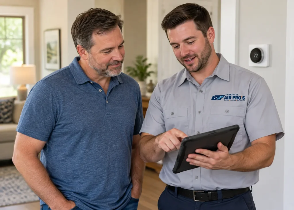 A technician reviewing what the inspection found with a homeowner