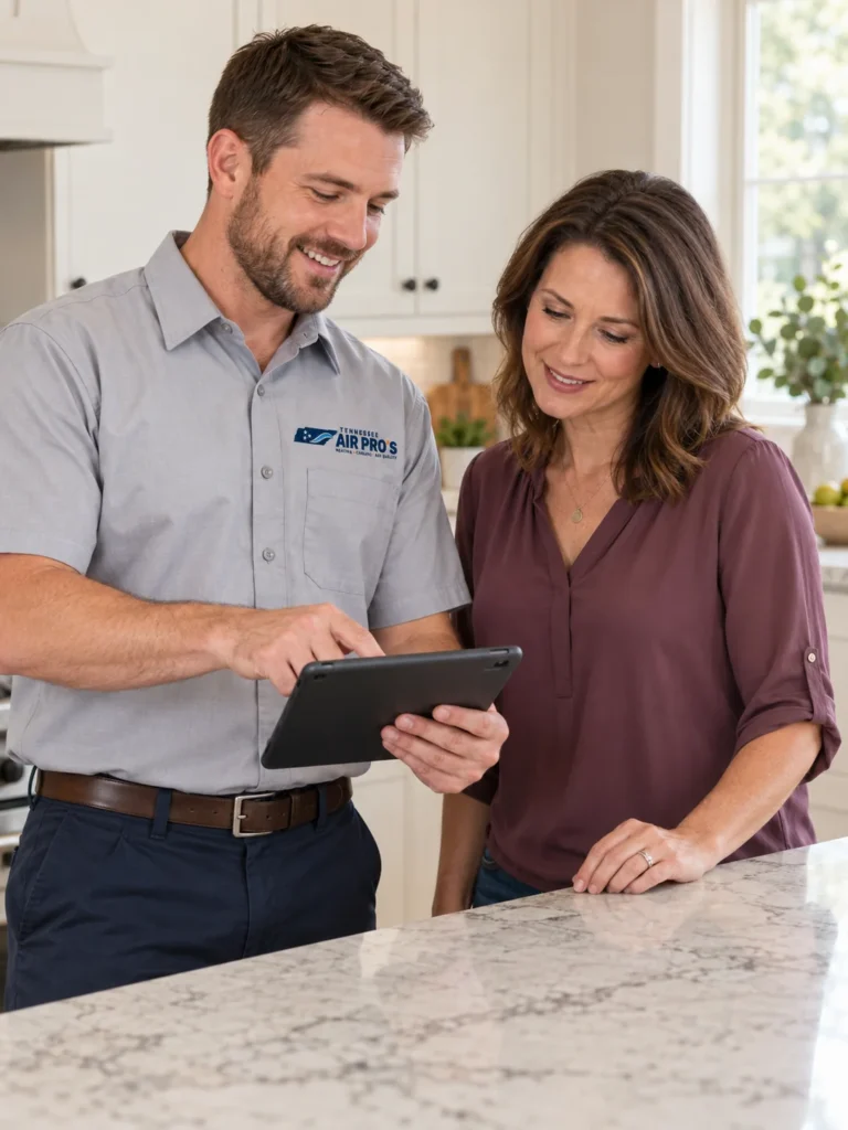 A technician talking a homeowner through the options at her kitchen counter