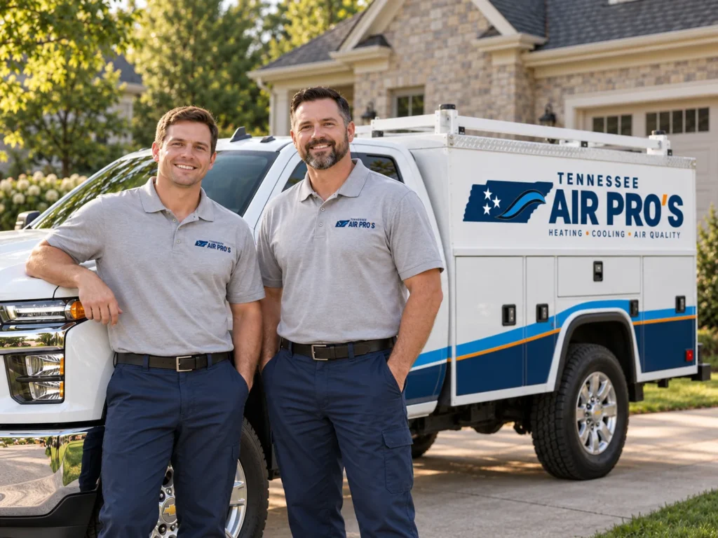 A Tennessee Air Pros service vehicle outside a Middle Tennessee home