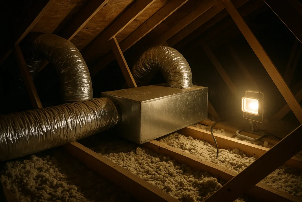 Residential ductwork running through an attic space