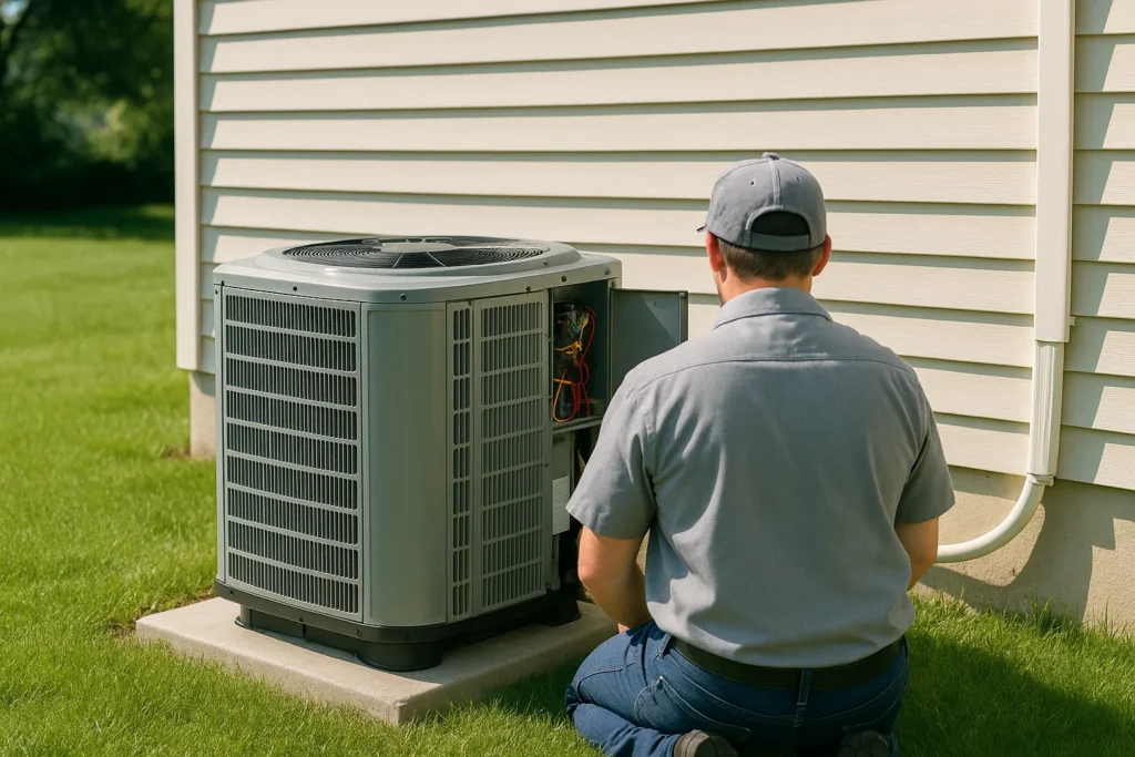 A residential outdoor air conditioning condenser unit beside a home