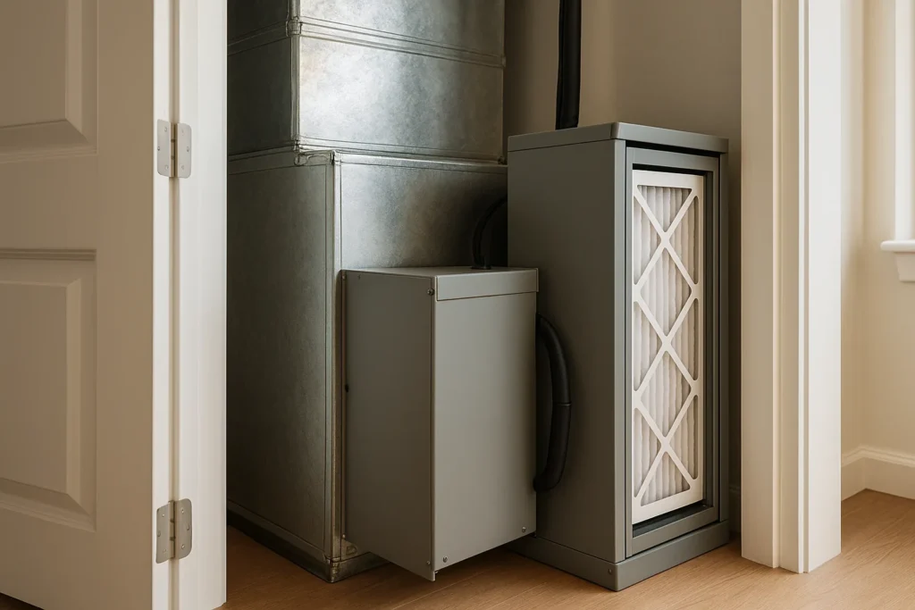 A whole-home air purification cabinet and media filter beside a residential air handler