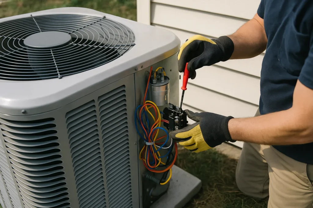 Gloved hands working inside an opened residential air conditioning condenser beside a house