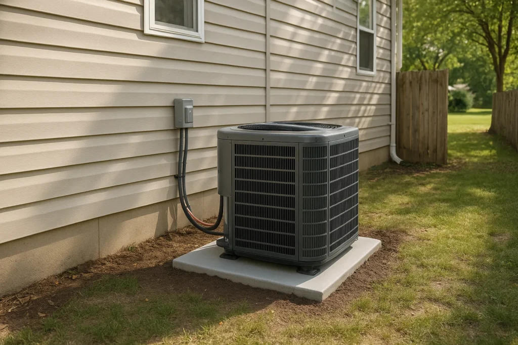 A newly installed residential air conditioning condenser on a level pad beside a home