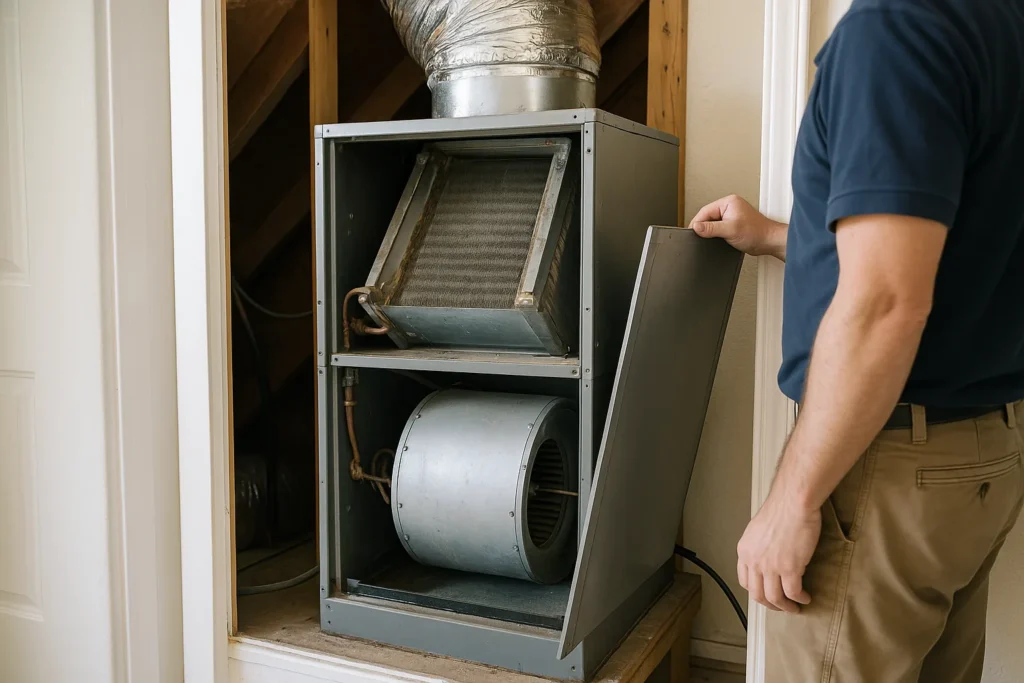 A residential air handler with its access panel removed, blower wheel and coil visible