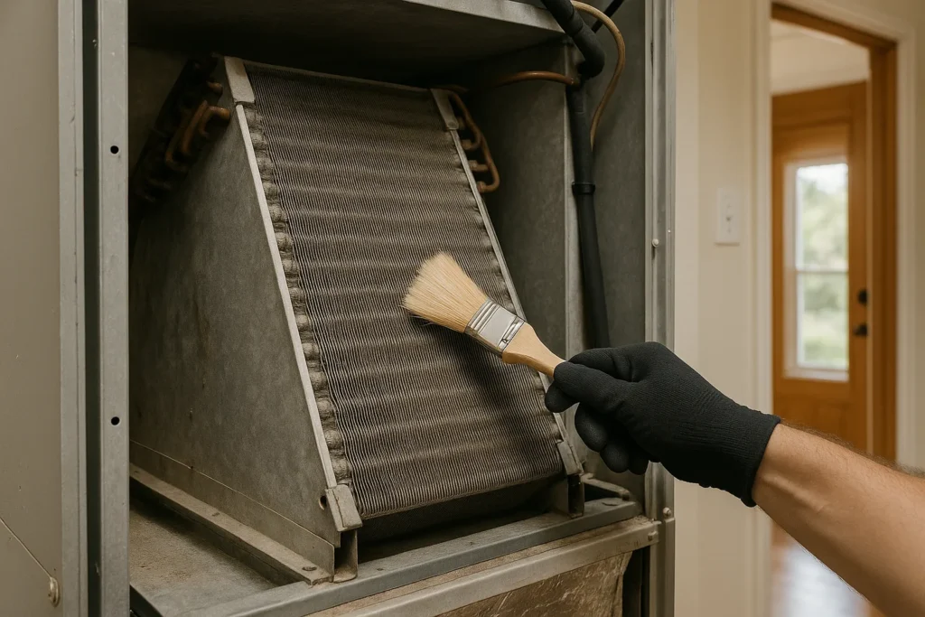 A residential evaporator coil inside an opened air handler being cleaned