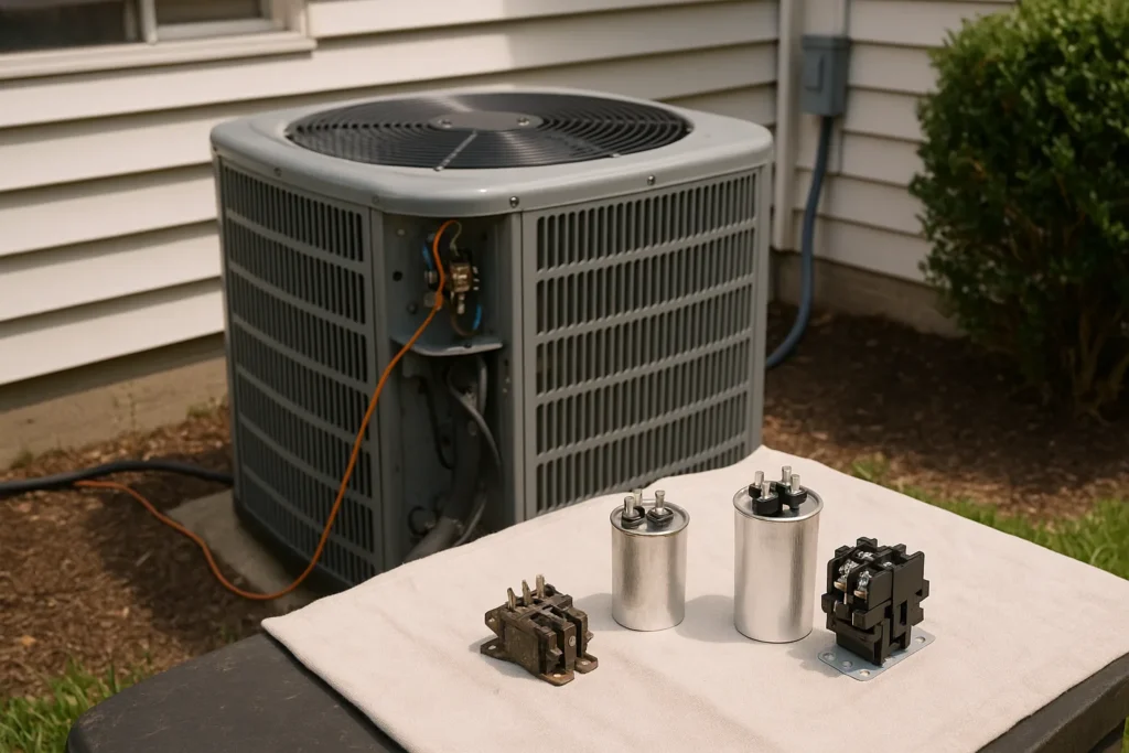 New and old run capacitors and contactors laid out beside an opened residential condenser