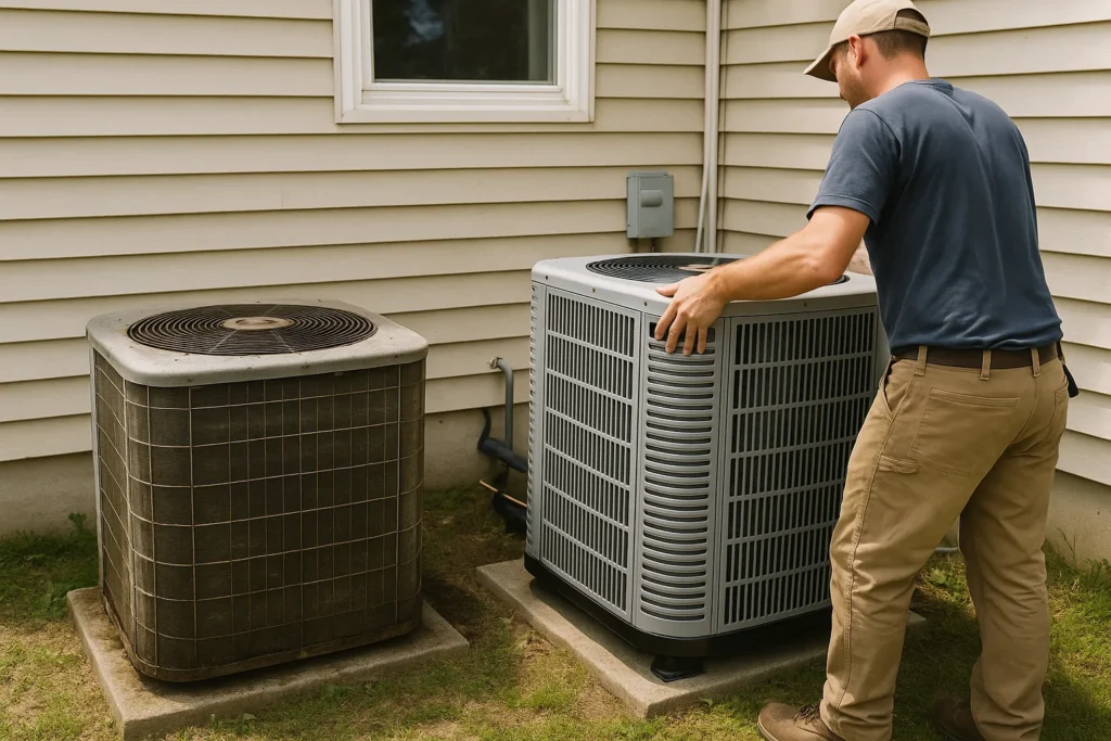 An older weathered condenser unit beside a new one during an equipment replacement