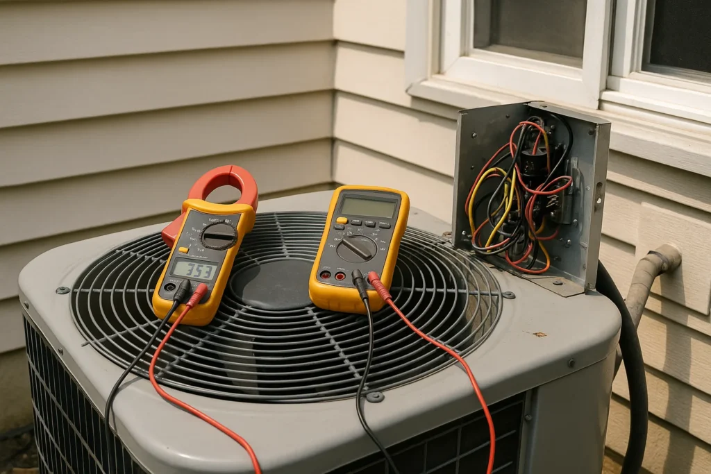 A clamp meter and multimeter on a residential condenser unit with the service panel open during a diagnostic visit