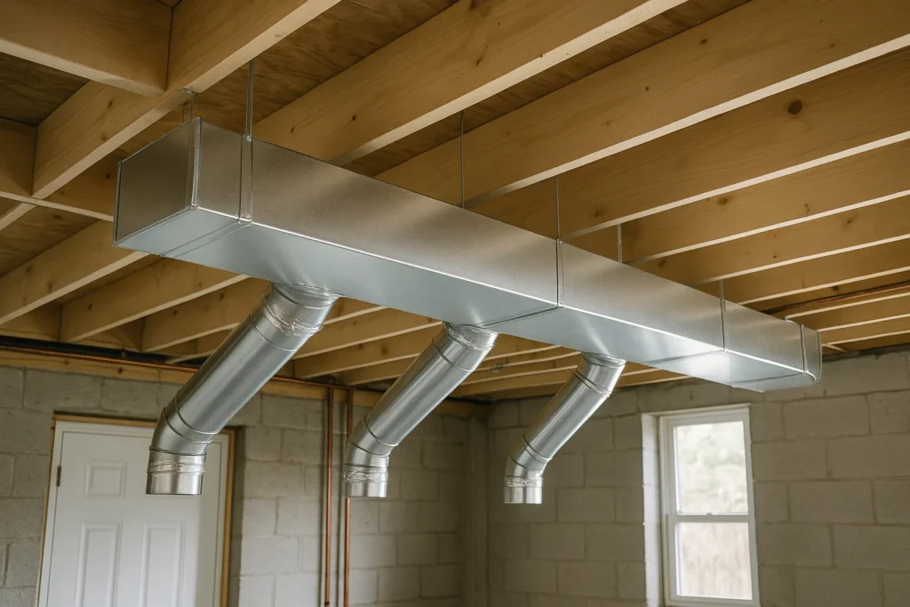 Newly installed rigid sheet metal duct trunk and branch takeoffs in a residential basement