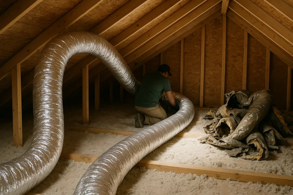 New insulated flexible duct installed in an attic with the old damaged duct removed