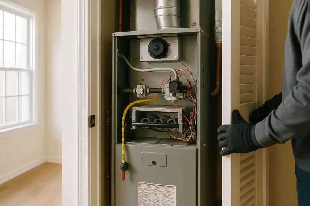 The burner assembly and control board inside an opened residential gas furnace