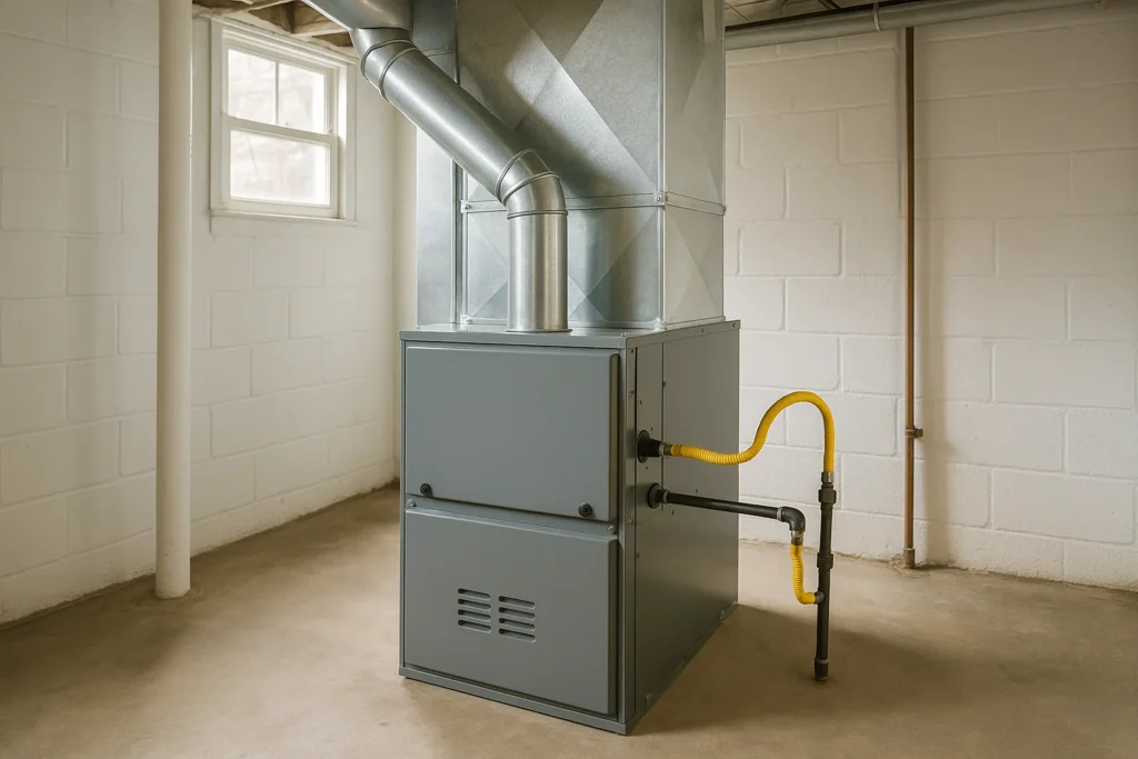 A newly installed residential gas furnace in a clean basement utility space