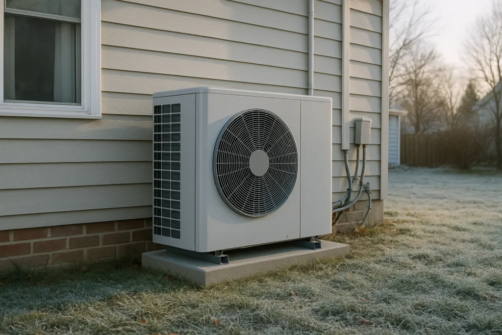 A residential heat pump outdoor unit beside a home in cool weather