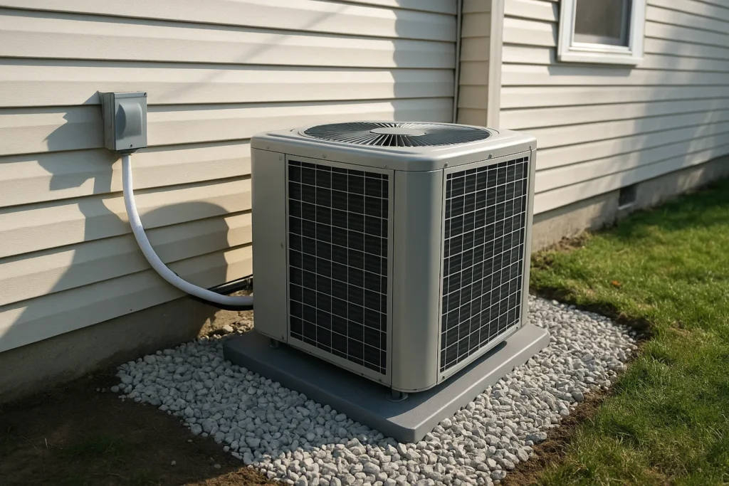 A newly installed residential heat pump outdoor unit with a neatly wrapped line set