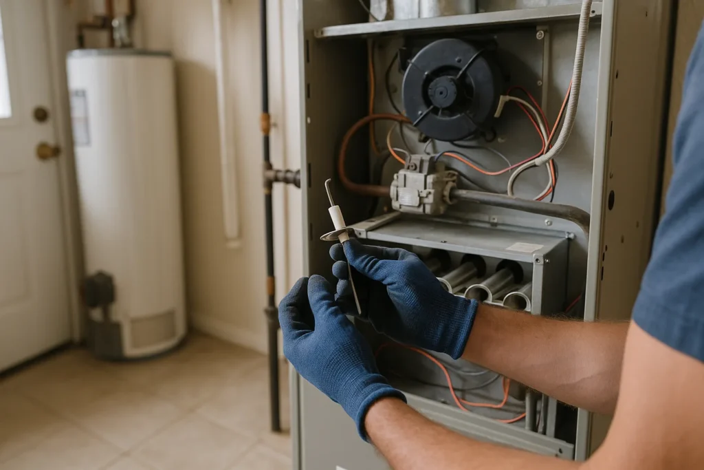 A flame sensor held beside the opened burner compartment of a residential gas furnace