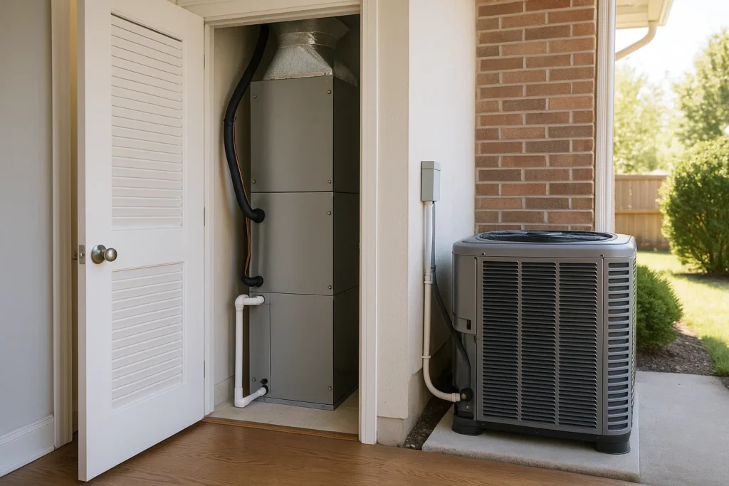 A complete new residential HVAC system, indoor air handler and outdoor unit