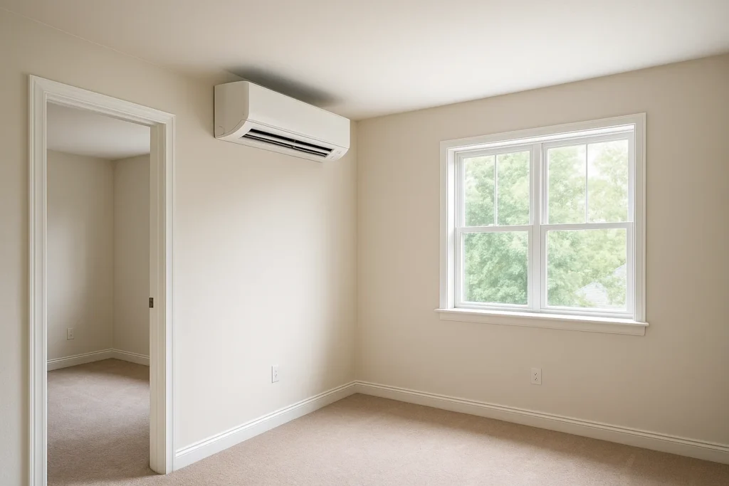A wall mounted ductless mini split indoor head in a finished bonus room
