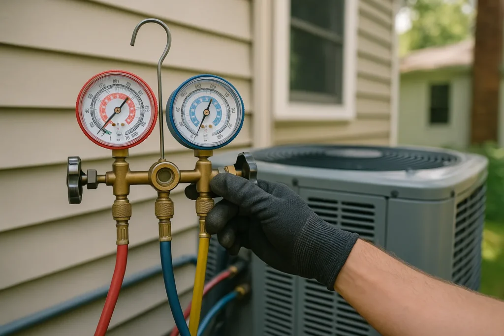 Refrigerant manifold gauges connected to the service ports of a residential air conditioning unit