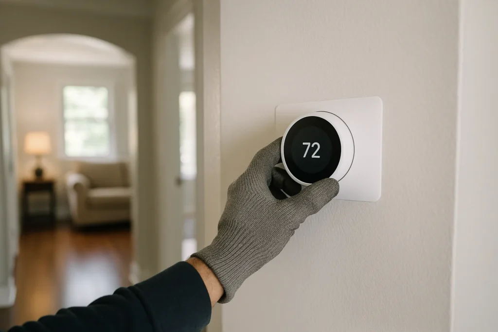 A modern wall thermostat being adjusted on an interior wall