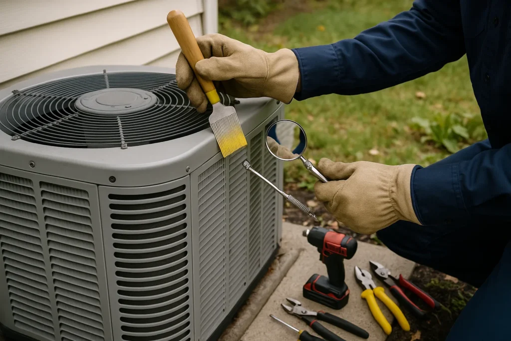 Maintenance tools laid out beside a residential condenser unit
